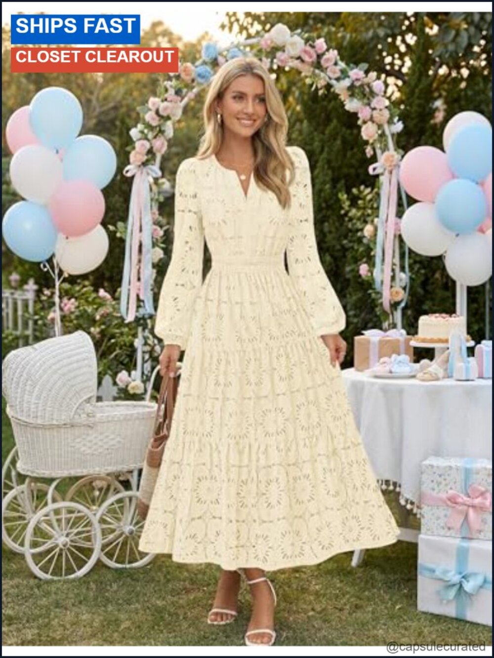 Elegant Long Sleeve Floral Eyelet Lace Maxi Dress with Pockets - Picture 5 of 6
